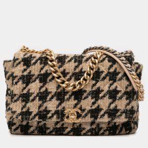 Pre Owned Chanel Brown Maxi Tweed Houndstooth 19 Flap