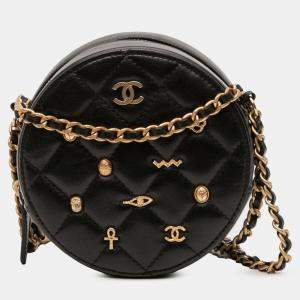 Pre Owned Chanel Black Quilted Lambskin Egyptian Amulet Charms Round Clutch with Chain