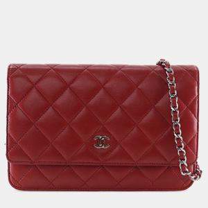 Pre Owned Chanel Red CC Quilted Lambskin Wallet on Chain