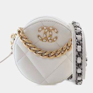 Pre Owned Chanel White Lambskin 19 Round Clutch with Chain