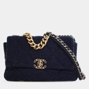 Pre Owned Chanel Blue Large Tweed 19 Flap