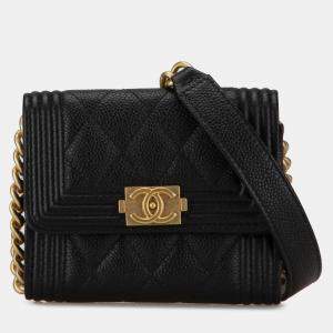 Pre Owned Chanel Black Quilted Caviar Boy Card Holder with Chain