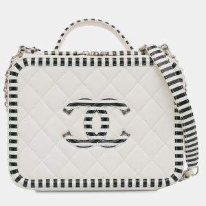 Pre Owned Chanel White Medium Caviar CC Filigree Vanity Case