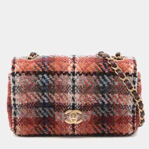 Pre Owned Chanel Orange Mini Rectangular Classic Tweed Single Flap