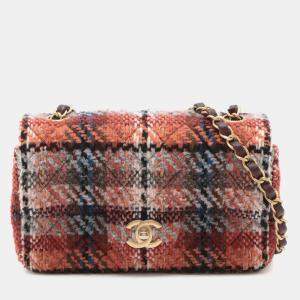 Pre Owned Chanel Orange Mini Rectangular Classic Tweed Single Flap