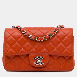Pre Owned Chanel Orange Mini Rectangular Classic Lambskin Single Flap