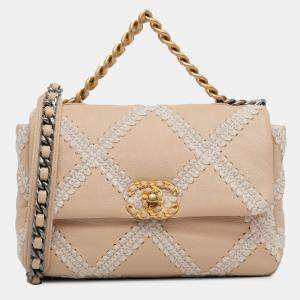 Pre Owned Chanel Beige/White Medium Crochet Calfskin 19 Flap