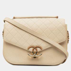 Pre Owned Chanel Beige Medium Caviar Paris Cuba Thread Around Flap
