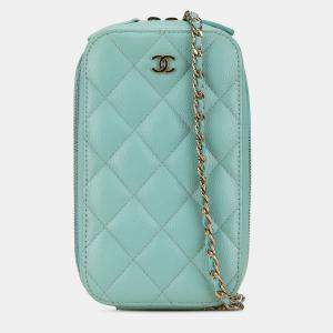 Pre Owned Chanel Blue CC Quilted Caviar Zip Phone Case