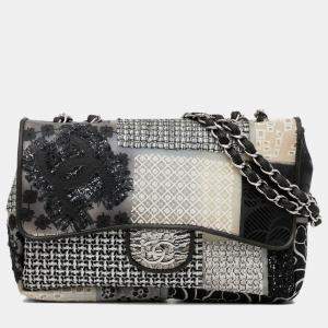 Pre Owned Chanel Black/White Jumbo PVC and Tweed Patchwork Single Flap