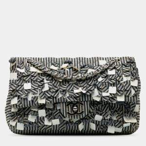Pre Owned Chanel Beige/Navy Blue Medium Cotton Striped Double Flap