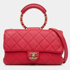 Pre Owned Chanel Red Medium Lambskin In The Loop Flap