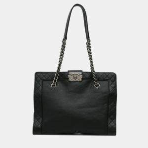 Pre Owned Chanel Black Medium Calfskin Boy Reverso Shopping Tote