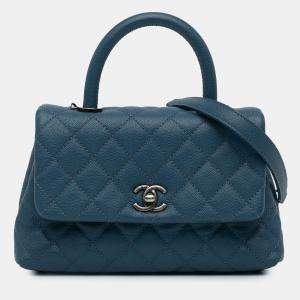 Pre Owned Chanel Navy Blue Mini Quilted Caviar Coco Top Handle Bag