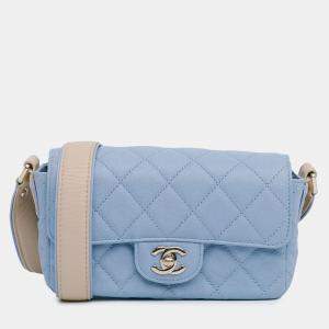 Pre Owned Chanel Beige/Blue CC Quilted Caviar Single Flap