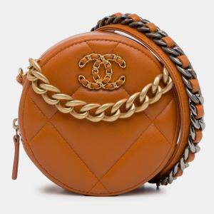 Pre Owned Chanel Brown Lambskin 19 Round Clutch with Chain