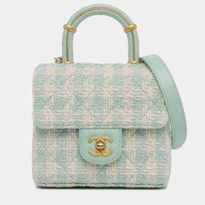 Pre Owned Chanel Green White Quilted Tweed Crush Top Handle Bag