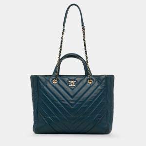 Pre Owned Chanel Blue CC Chevron Calfskin Statement Shopping Tote