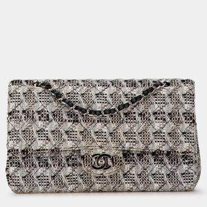 Pre Owned Chanel Black/White Medium Classic Tweed Double Flap