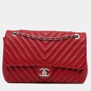 Pre Owned Chanel Red Jumbo Classic Lambskin Double Flap