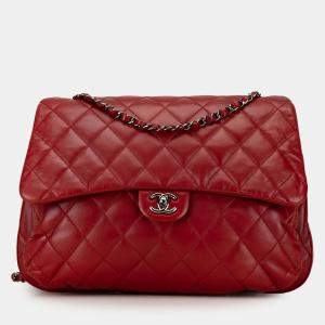 Pre Owned Chanel Red Maxi Lambskin 3 Accordion Flap