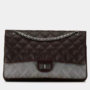 Pre Owned Chanel Brown Caviar and Iridescent Calfskin Reissue 2.55 Double Flap 226