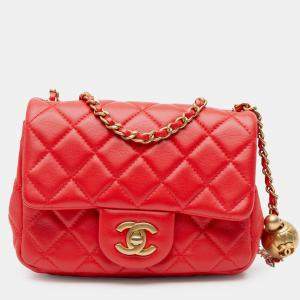 Pre Owned Chanel Red Mini Square Classic Lambskin Pearl Crush Single Flap