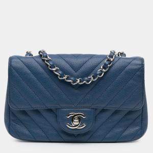 Pre Owned Chanel Blue Mini Rectangular Classic Chevron Caviar Single Flap