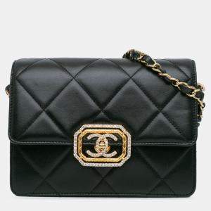 Pre Owned Chanel Black Quilted Lambskin Octagonal Buckle Crossbody