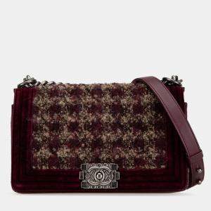 Pre Owned Chanel Burgundy Old Medium Velvet and Tweed Boy Flap