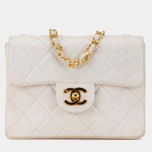 Pre Owned Chanel White Mini Square Classic Lambskin Single Flap