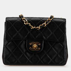 Pre Owned Chanel Black Small Square Quilted Lambskin Flap