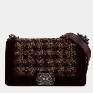 Pre Owned Chanel Red Old Medium Velvet and Tweed Boy Flap