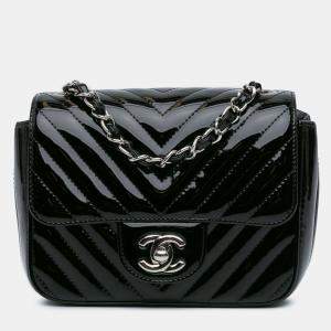 Pre Owned Chanel Black Mini Square Classic Chevron Patent Flap