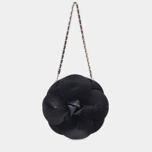 Pre Owned Chanel Black Lambskin and Satin Camellia Flower Evening Bag