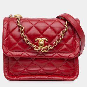 Pre Owned Chanel Red Mini Quilted Lambskin Soft Square Flap