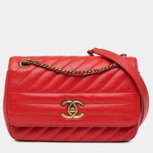 Pre Owned Chanel Red Small Diagonal Quilted Goatskin Flap