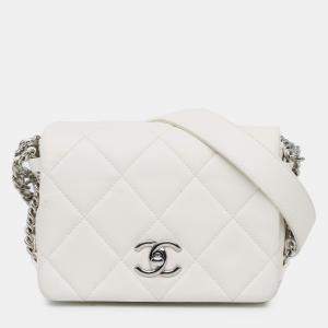 Pre Owned Chanel White Mini Quilted Lambskin Chain Rows Flap