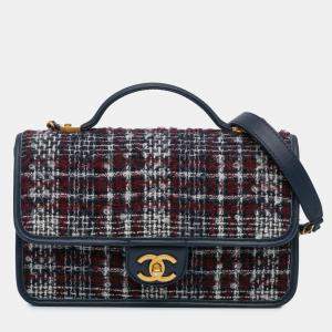 Pre Owned Chanel Blue Small Tweed School Memory Top Handle Flap