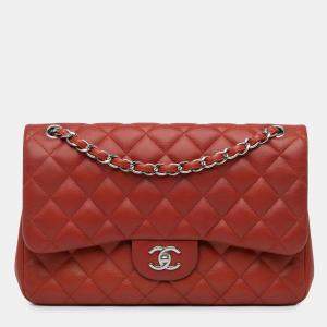 Pre Owned Chanel Red Jumbo Classic Caviar Double Flap