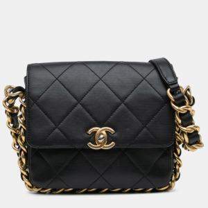 Pre Owned Chanel Black Small Quilted Calfskin Framing Chain Flap