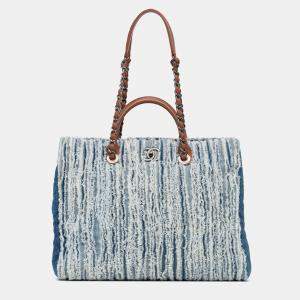 Pre Owned Chanel Blue Large Fringed Denim Shopping Tote