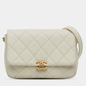 Pre Owned Chanel Cream Small Quilted Caviar Chain Melody Flap