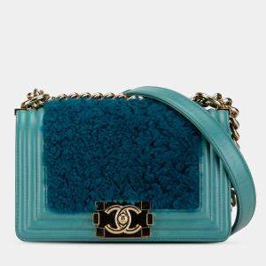 Pre Owned Chanel Blue Small Shearling Boy Flap