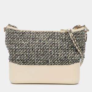 Pre Owned Chanel Blue White Medium Tweed and Lambskin Gabrielle Crossbody