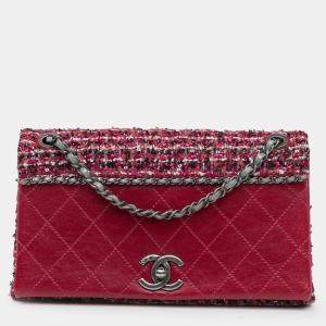 Pre Owned Chanel Red CC Lambskin and Tweed Flap