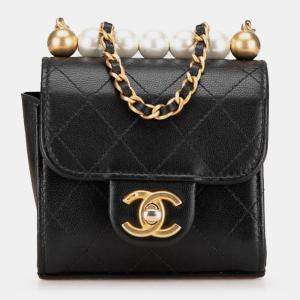 Pre Owned Chanel Black Mini Goatskin Chic Pearls Clutch On Chain