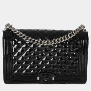Pre Owned Chanel Black Quilted Patent New Medium Boy Bag