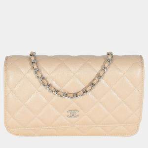 Pre Owned Chanel 15C Beige Quilted Caviar Classic Wallet On Chain