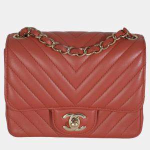 Pre Owned Chanel Coral Chevron Calfskin Quilted Mini Square Flap Bag
